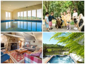 collage of images showing child and family friendly holidays at tredethick farm cottages