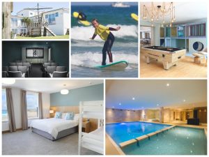 collage of images showing child and family friendly holidays at the esplanade hotel newquay